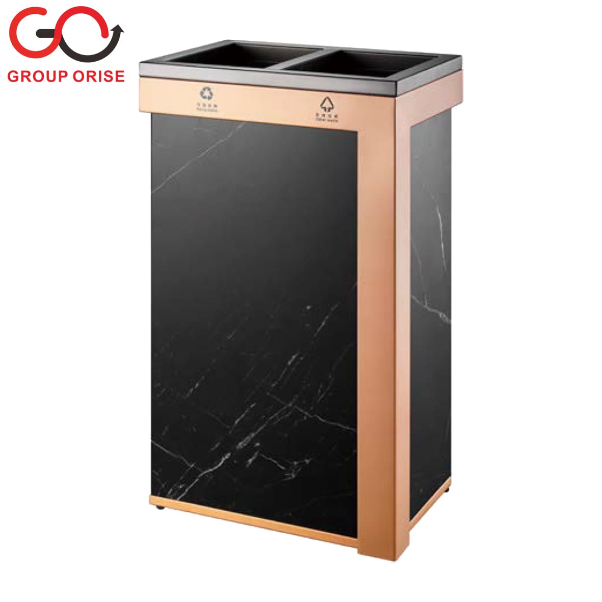 H022-305B | Indoor Waste Bin – Sleek Black Marble Look with Rose Gold Frame (Double Bin)
